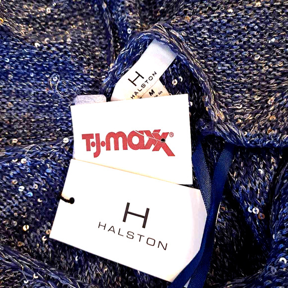 H By Halston Women's Blouse Blue Silver Marled Short Sleeve V Neck Sequined M - Picture 7 of 7